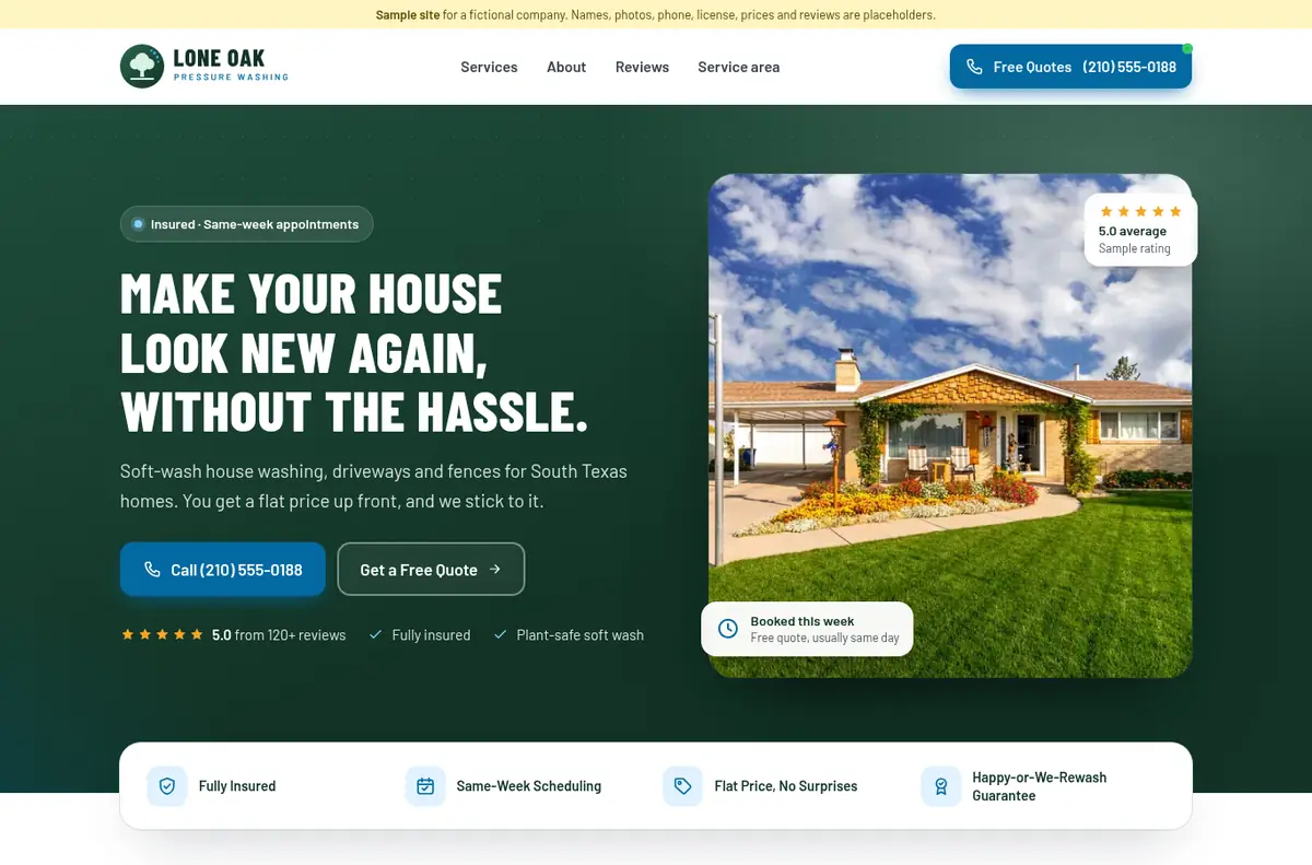 Lone Oak Pressure Washing demo site on a desktop browser