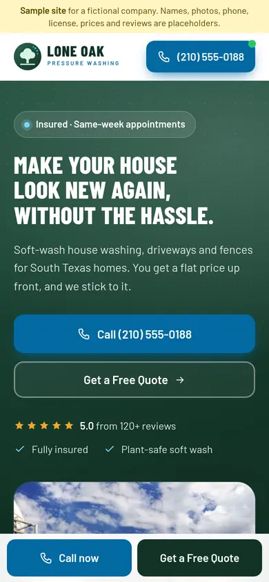 Lone Oak Pressure Washing demo site on a phone, with the sticky call bar