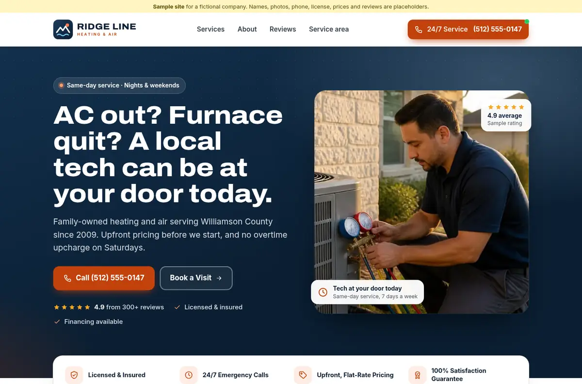 Ridge Line Heating & Air demo site on a desktop browser