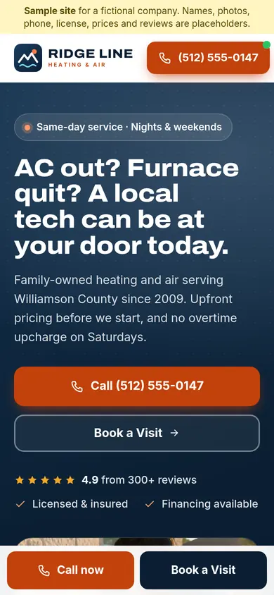 Ridge Line Heating & Air demo site on a phone, with the sticky call bar