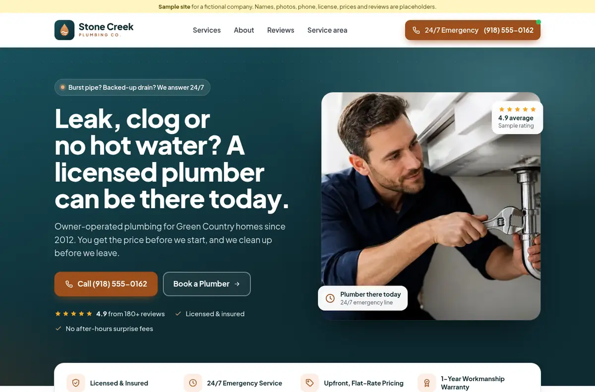 Stone Creek Plumbing Co. demo site on a desktop browser