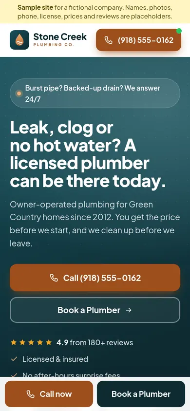 Stone Creek Plumbing Co. demo site, phone view