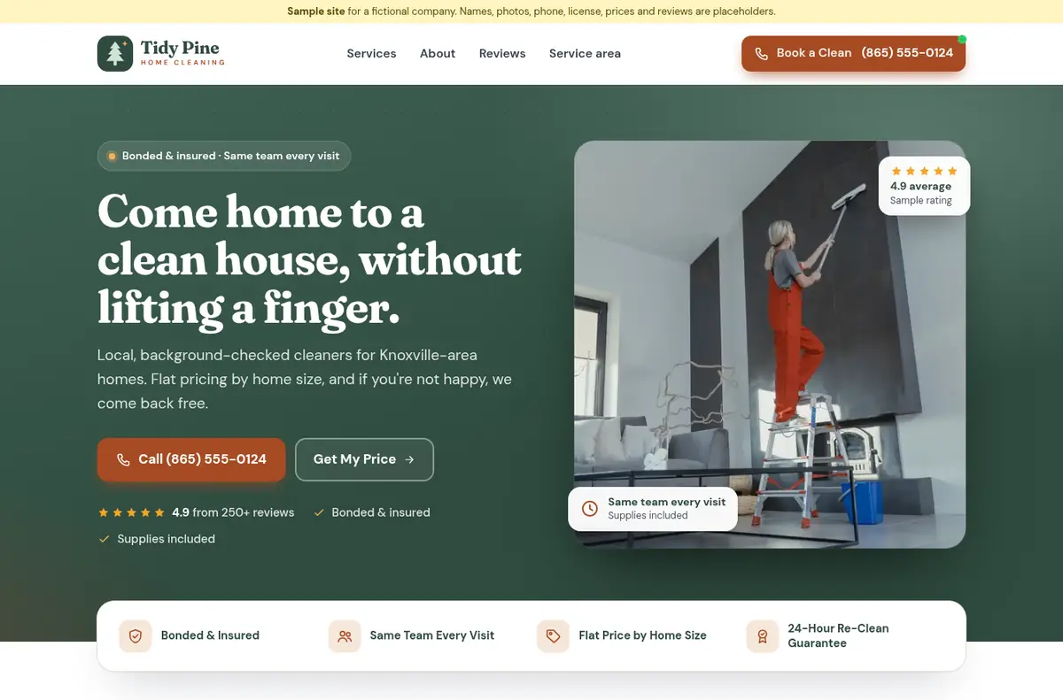 Tidy Pine Home Cleaning demo site on a desktop browser